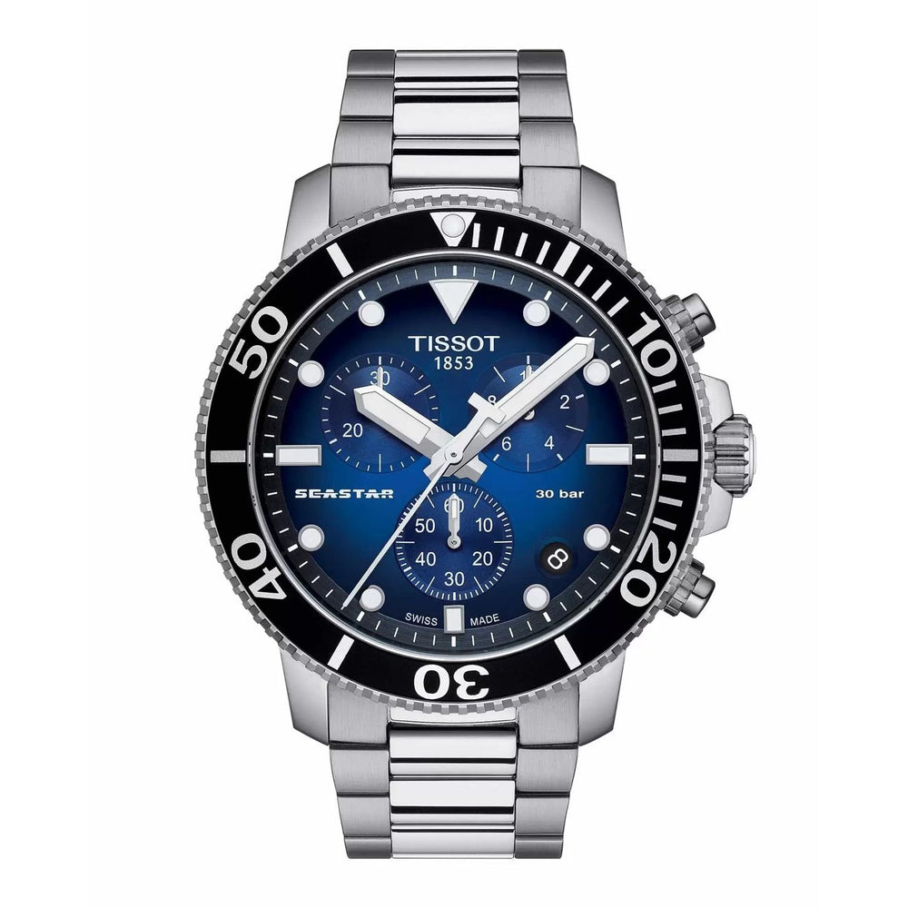 TISSOT Mod. SEASTAR 1000 CHRONOGRAPH watch with blue dial and stainless steel bracelet.