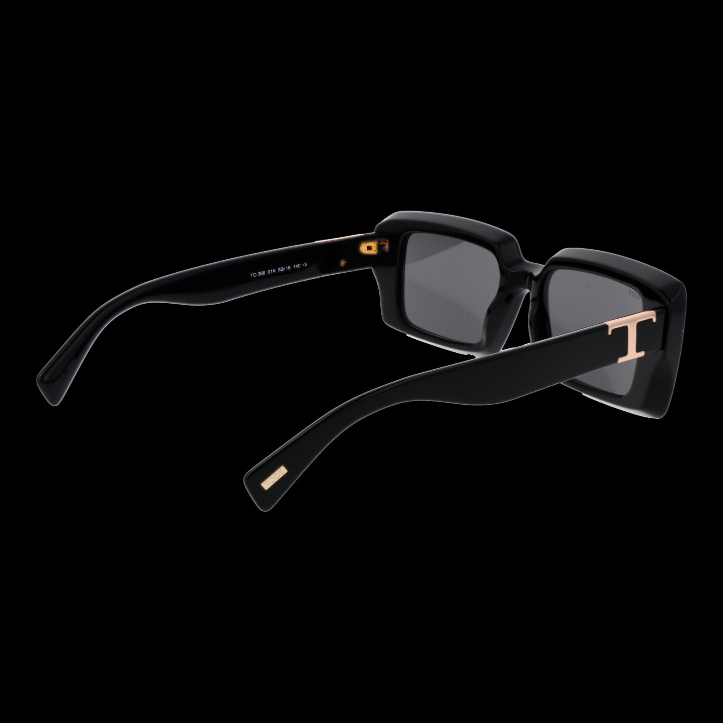 Luxury lady sunglasses TOD'S MOD. TO0366 5201A with black frames and signature T logo on temples, side view.