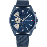 TOMMY HILFIGER MOD. BAKER stylish men's watch with blue dial and mesh strap, showing elegant design and multifunction features.