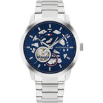 Luxury wristwatch TOMMY HILFIGER MOD. HENRY with silver strap and blue face showcasing intricate design details.