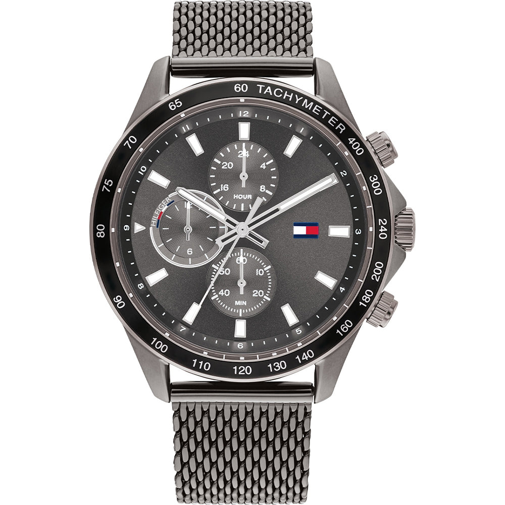 TOMMY HILFIGER MOD. MILES watch with black dial and metal mesh strap, featuring a tachymeter bezel.