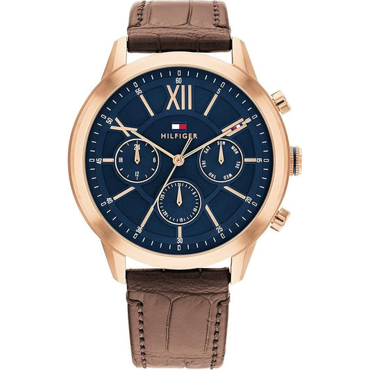 TOMMY HILFIGER Mod. 1710526 gent's quartz analog watch with brown bracelet, 44mm case, and water resistant up to 5 ATM.
