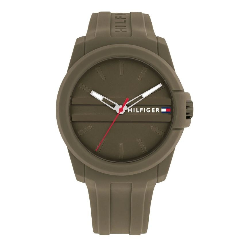 TOMMY HILFIGER Mod. 1710599 men's quartz watch with 44 mm case and water resistance up to 5 ATM, featuring a durable mineral dial.
