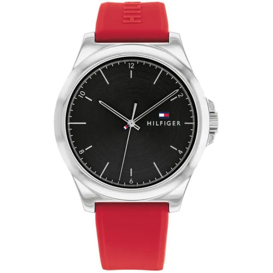 TOMMY HILFIGER Mod. 1710615 men's quartz analog watch, 42mm stainless steel case, black dial, red bracelet, 3 ATM water resistant.
