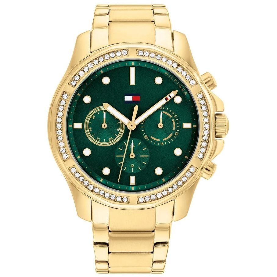 TOMMY HILFIGER Mod. 1782614 ladies quartz analog watch, 41mm case, water resistant 5 ATM, gold bracelet, official box included.
