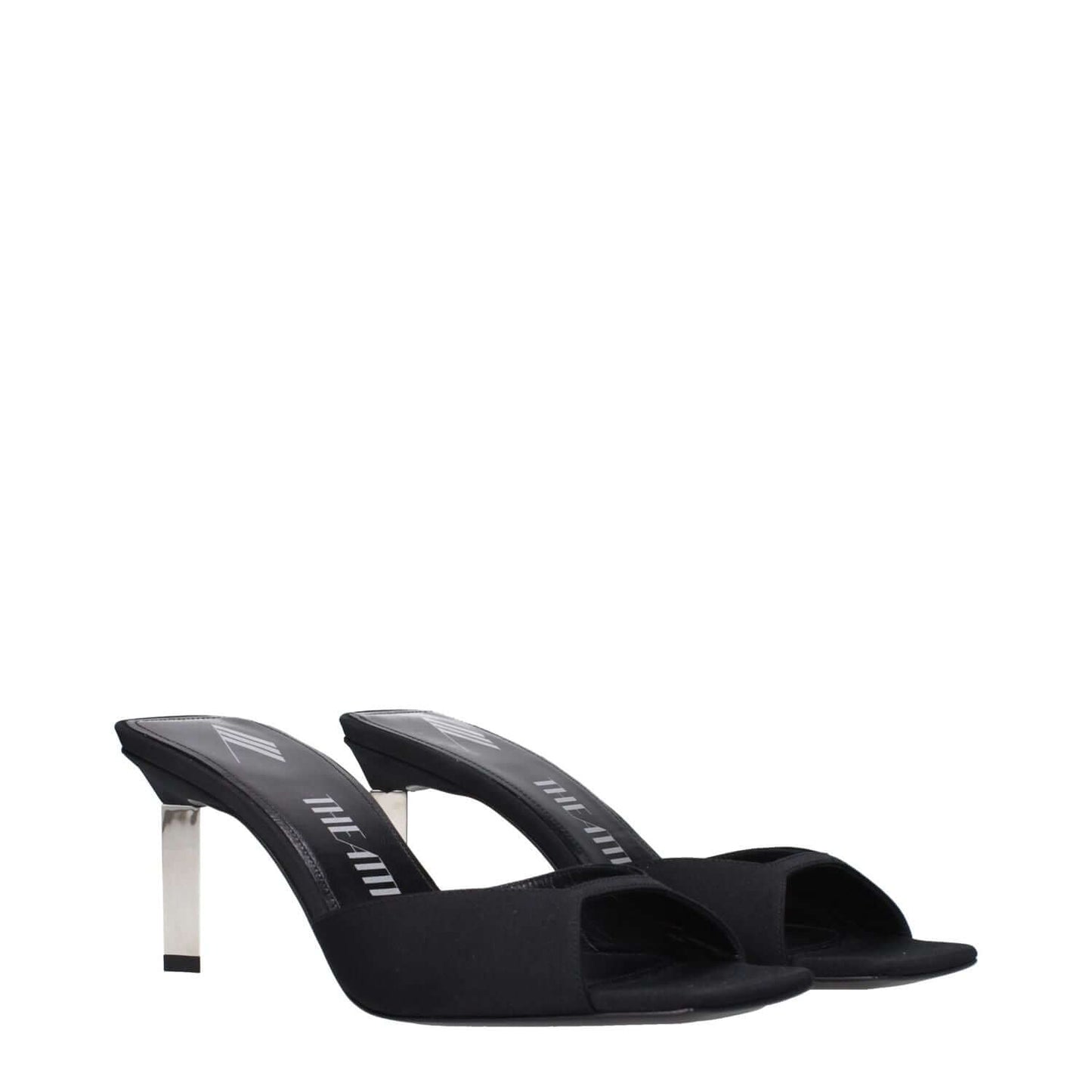 The Attico Black Satin Stiletto Heel Sandals with open toe design and mid heels.