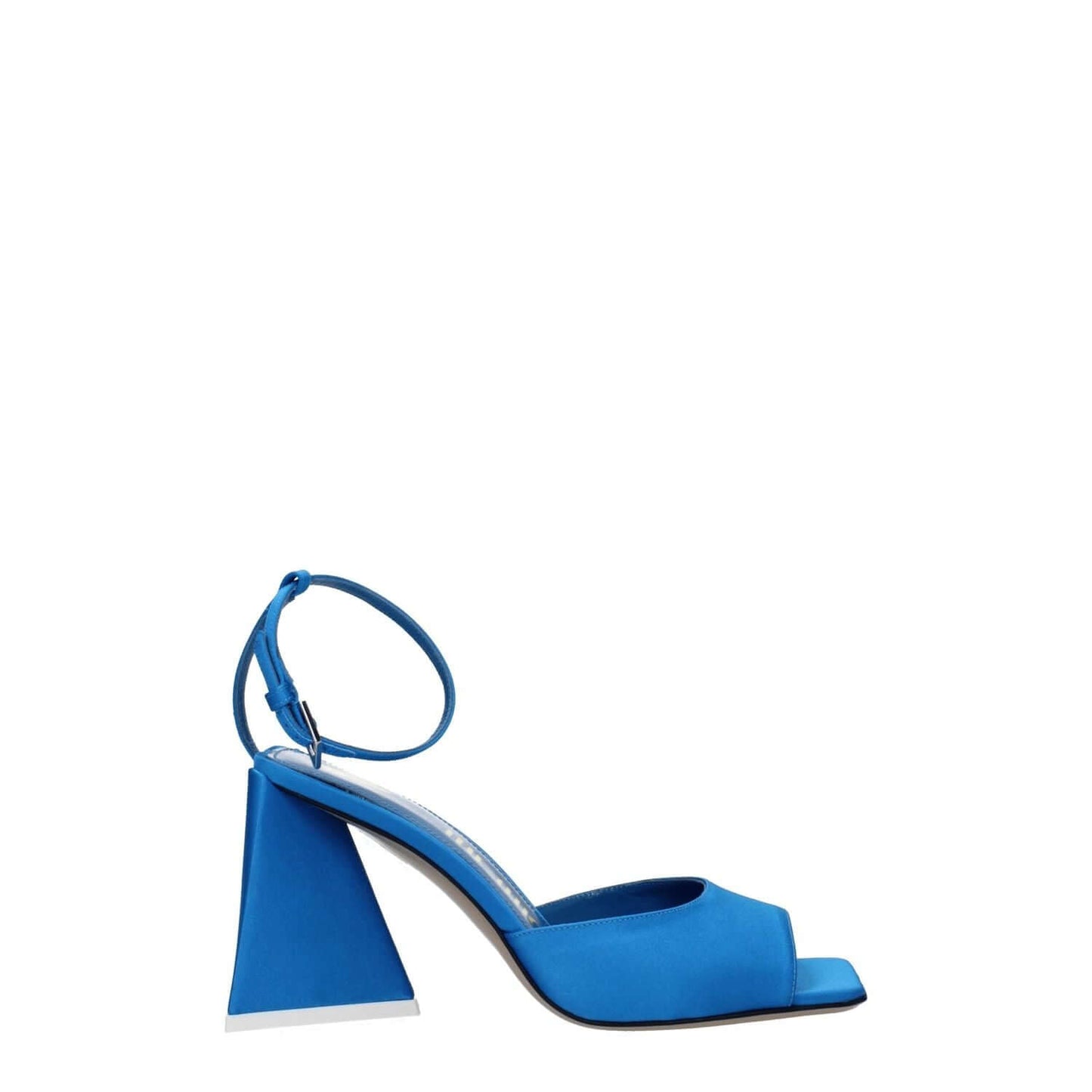 The Attico Blue Satin Stiletto Heel Sandals with buckle closure, open toe, mid heels, and leather sole.