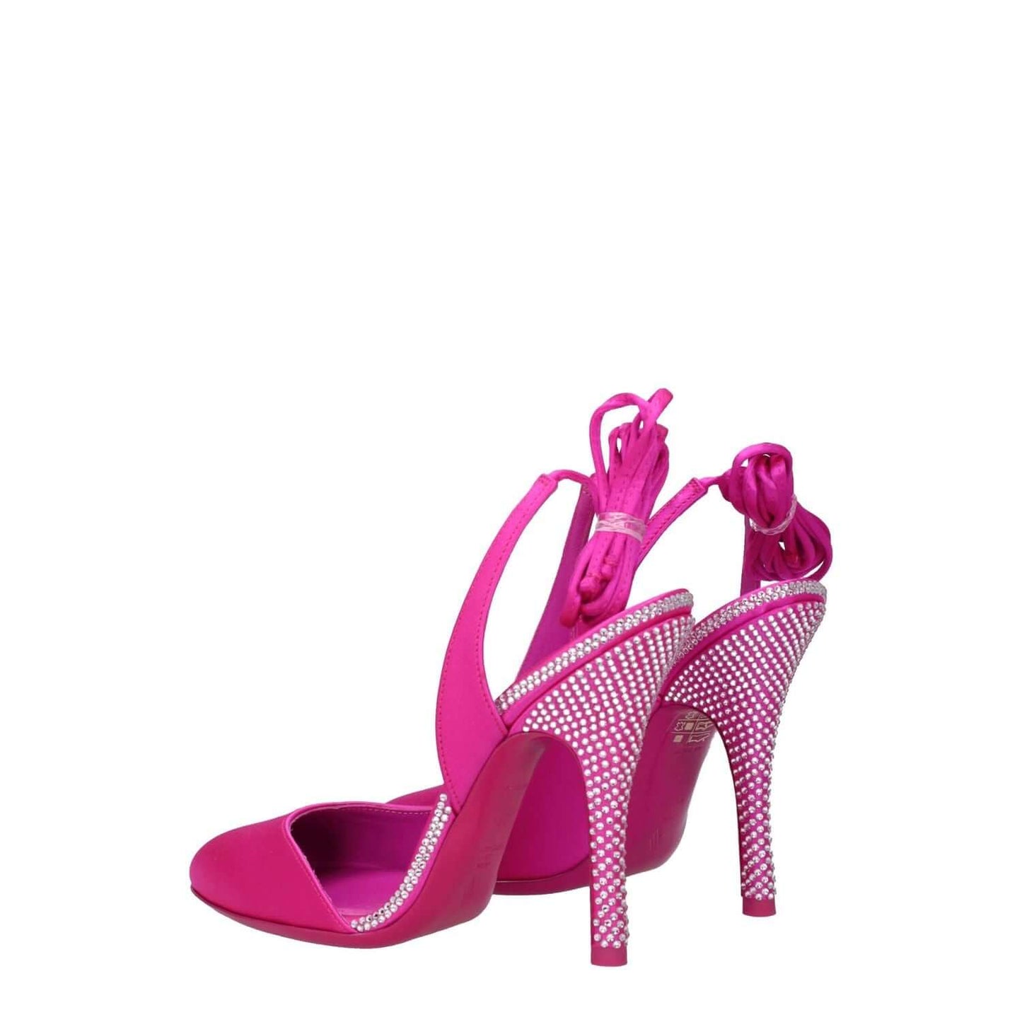 The Attico Pink Satin Stiletto Heel Sandals with rhinestone detail and self-tie closures, round toe, leather sole, high heel, 11 cm height.