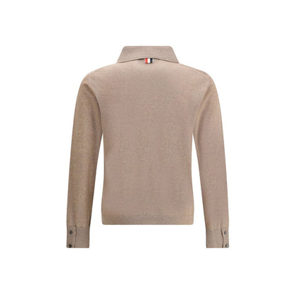 Back view of Thom Browne Beige Fleece Wool Cardigan with ribbed collar and tricolor detail, showcasing contemporary elegance.