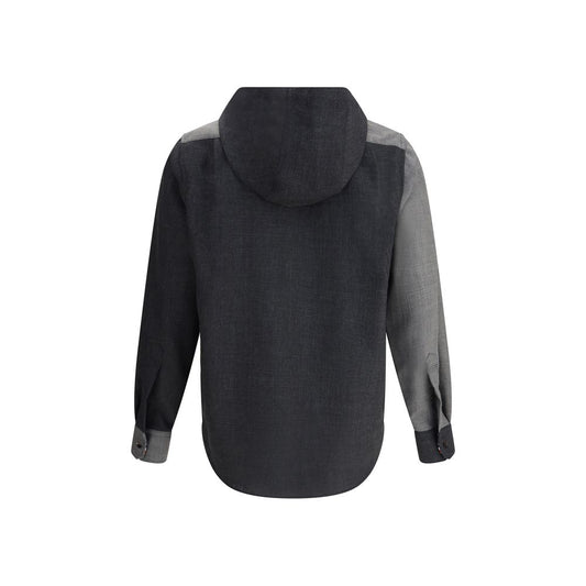 Back view of Thom Browne Hooded Shirt Jacket with asymmetrical hem, showing drawstring hood and buttoned cuffs.