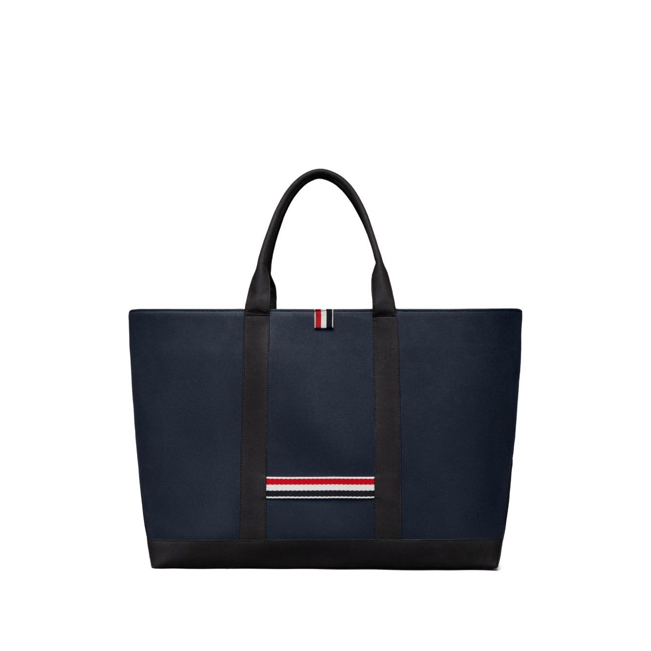 Thom Browne Medium drawstring opening tool tote bag in navy blue with RWB stripe, featuring top drawstring fastening and two handles.