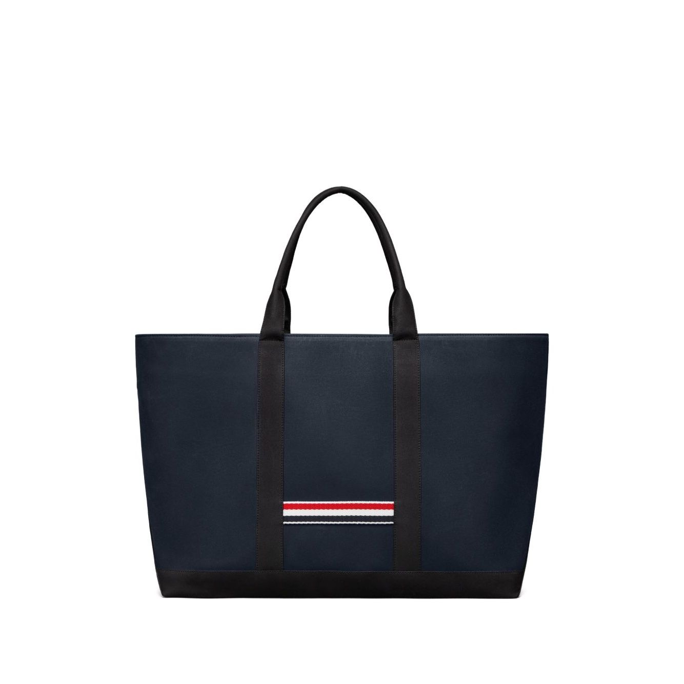 Thom Browne Medium drawstring opening tool tote bag, navy blue leather with RWB stripe and protective dust bag included.