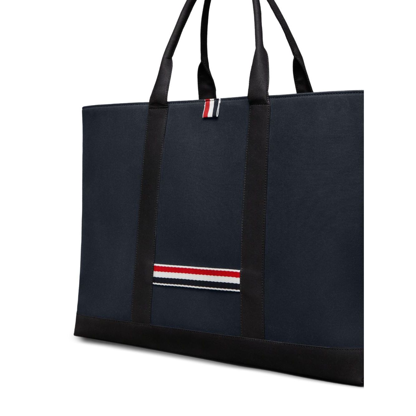 Thom Browne Medium drawstring opening tool tote bag in navy blue with RWB stripe and top handles, includes dust bag.