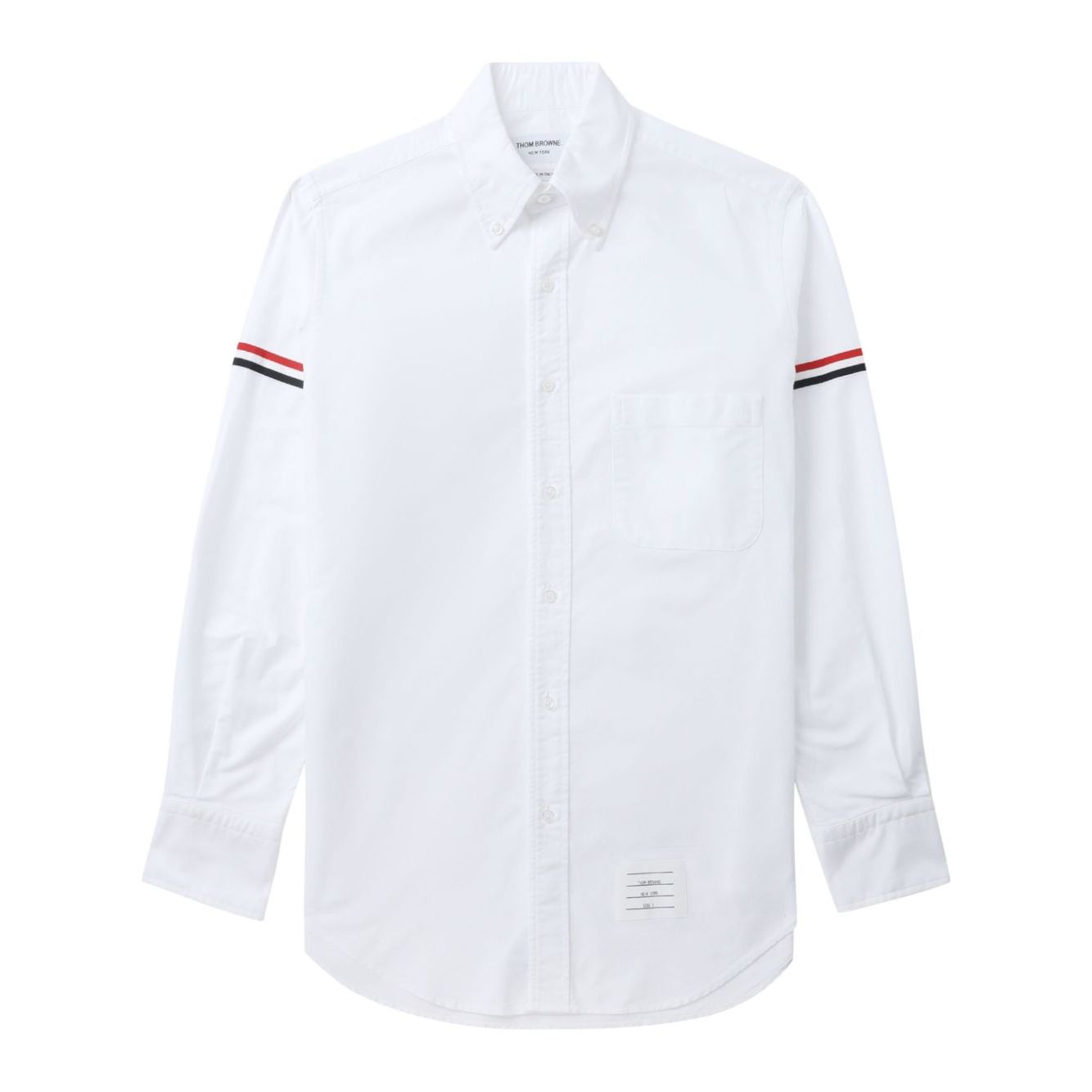 Thom Browne Shirts White with RWB stripe, grosgrain loop, and logo patch, featuring long sleeves and curved hem.