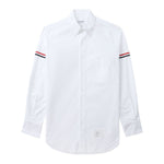 Thom Browne Shirts White with RWB stripe, grosgrain loop, and logo patch, featuring long sleeves and curved hem.