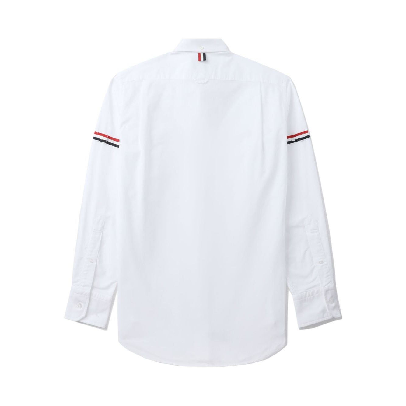 Back view of white Thom Browne Shirts White with RWB stripe detail, classic collar, and curved hem.