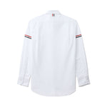 Back view of white Thom Browne Shirts White with RWB stripe detail, classic collar, and curved hem.