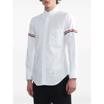 Thom Browne Shirts White with RWB stripes, classic collar, front patch, and long sleeves, featuring a logo patch at the front.