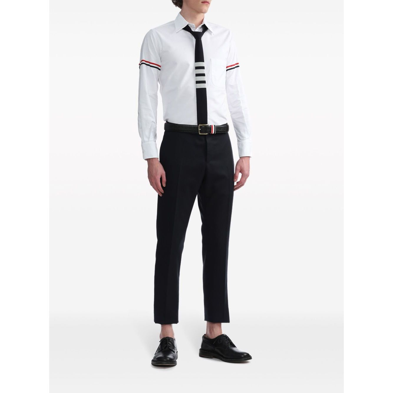 Model wearing Thom Browne Shirts White with RWB stripe, grosgrain loop, logo patch, and classic collar. Elegant style for any occasion.