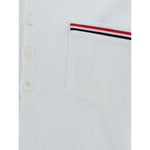 Close-up of Thom Browne Short Sleeves Polo Shirt with patch pocket and iconic contrasting bands.