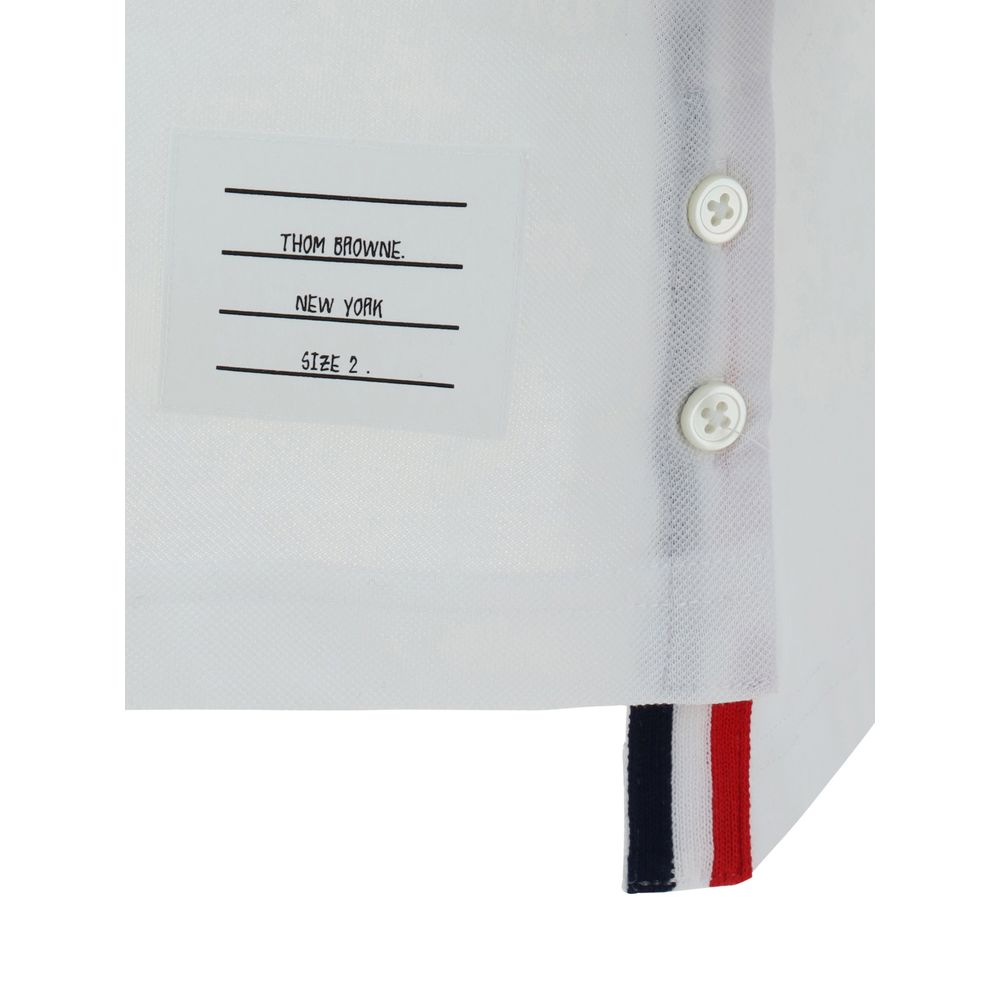 Close-up of Thom Browne Short Sleeves Polo Shirt detail with signature striped bands and label showing size and brand.
