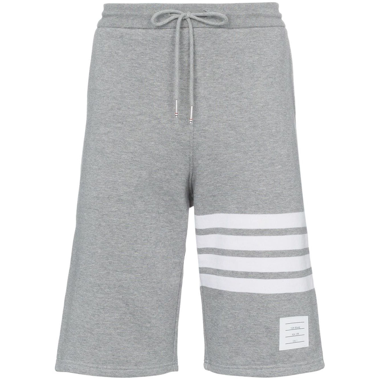 Thom Browne Shorts Light Grey with 4-Bar stripe, grosgrain ribbon trim, elastic waistband, perfect fit cotton jersey.