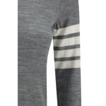 Thom Browne Sweater with ribbed crew neck and iconic contrast stripes on left arm, fleece wool fabric, monochrome pattern.
