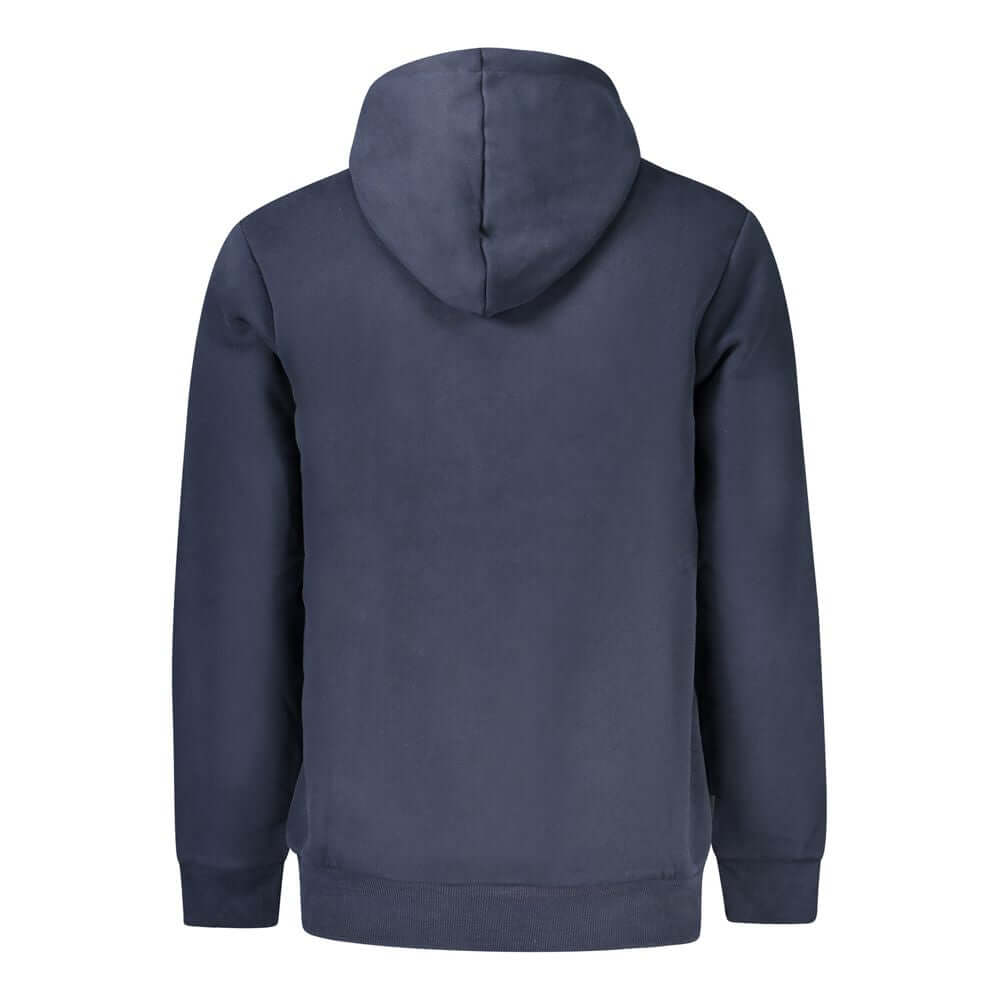 Back view of Timberland Blue Cotton Men Sweater with hood and ribbed cuffs, showcasing casual style in cotton and polyester blend.