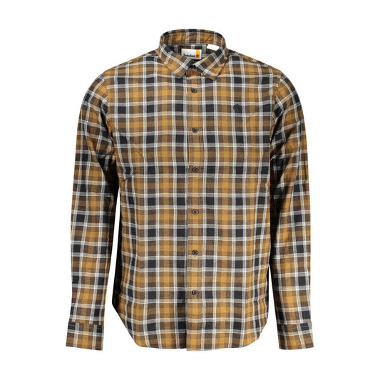 Timberland Brown Cotton Shirt, tartan long sleeve with Italian collar and button cuffs.