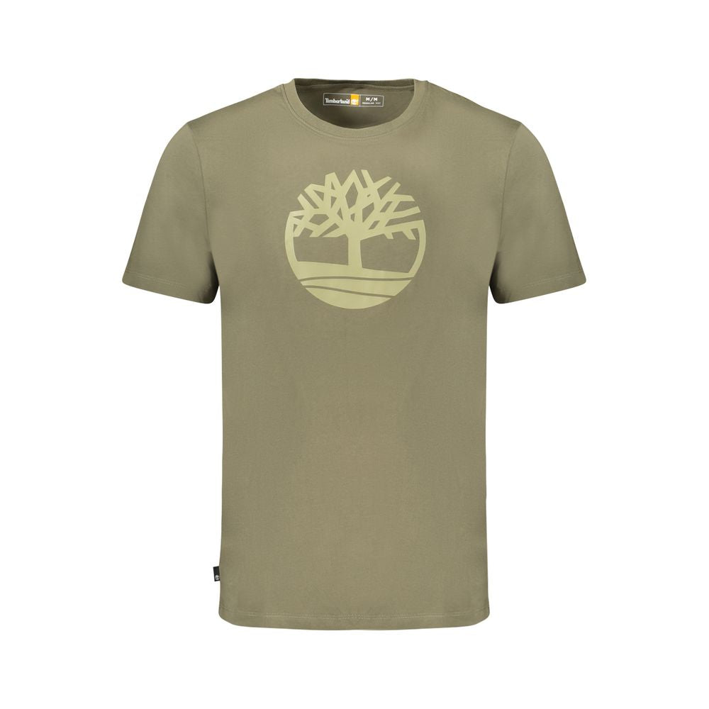 Timberland Green Cotton Men T-Shirt with logo, short sleeves, crew neck, premium fabric for comfort and style.