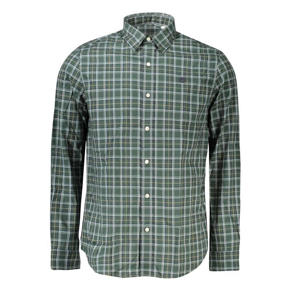 Timberland Verde Cotton Men Shirt in green plaid design, long sleeves, buttoned front, ideal for outdoor style.