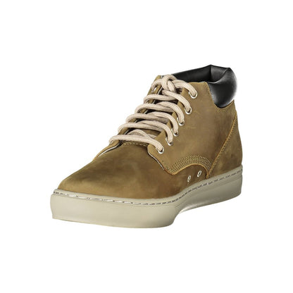 Timberland Verde Leather Men Sneaker in earthy tones with tan laces, side view showcasing style and craftsmanship.