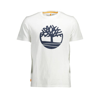 Timberland White Cotton Men T-Shirt with iconic logo print, 100% organic cotton, short sleeve crew neck.
