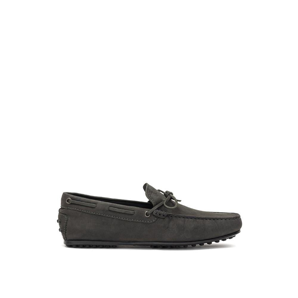Tod's Gray Nubuc Leather Moccassin, men's anthracite moccasin with Gommino sole and decorative lace, elegant Italian craftsmanship.