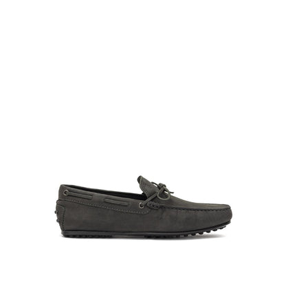 Tod's Gray Nubuc Leather Moccassin, men's anthracite moccasin with Gommino sole and decorative lace, elegant Italian craftsmanship.