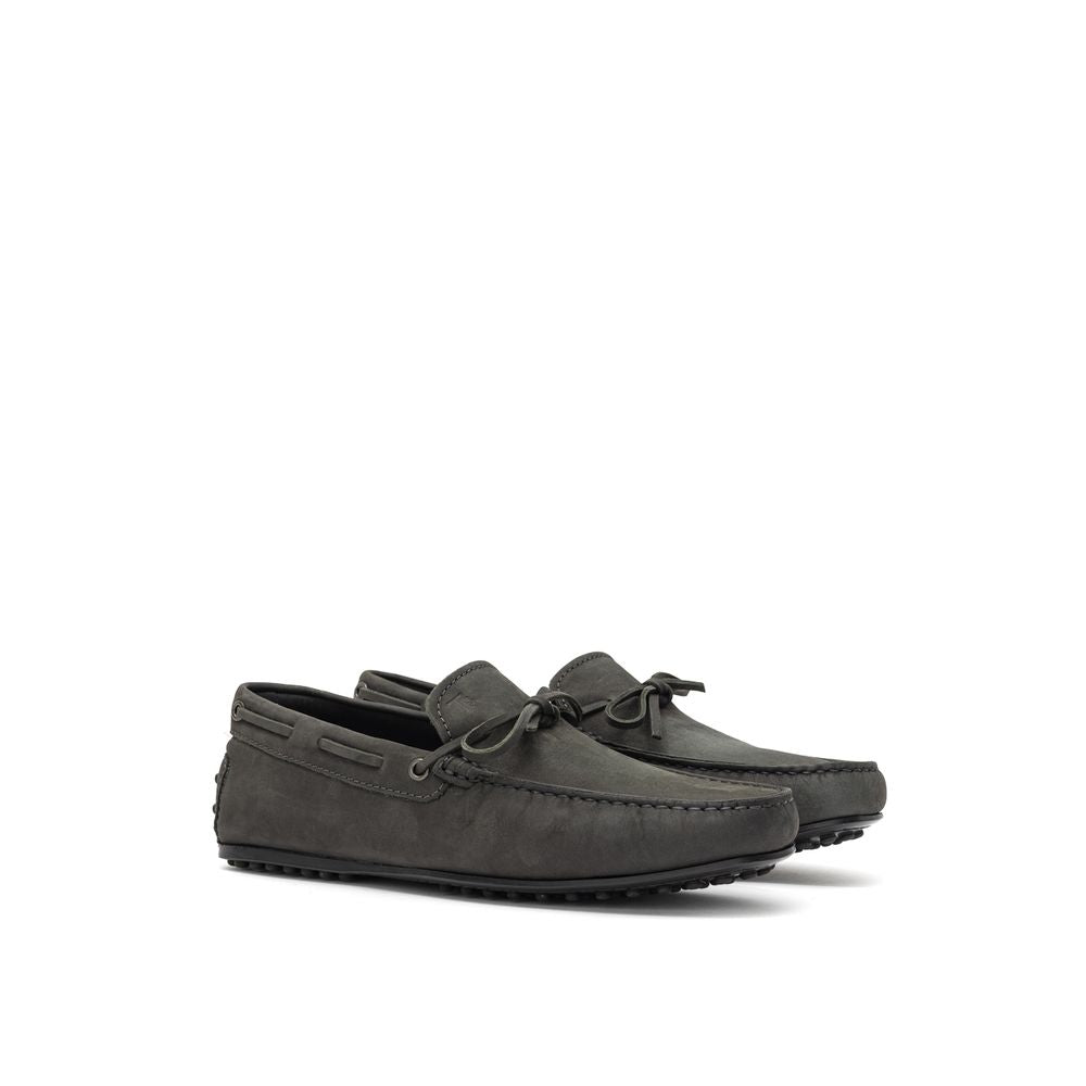 Tod's Gray Nubuc Leather Moccassin with anthracite nubuck finish, Gommino sole, and decorative lace, ideal for men's formal and casual wear.