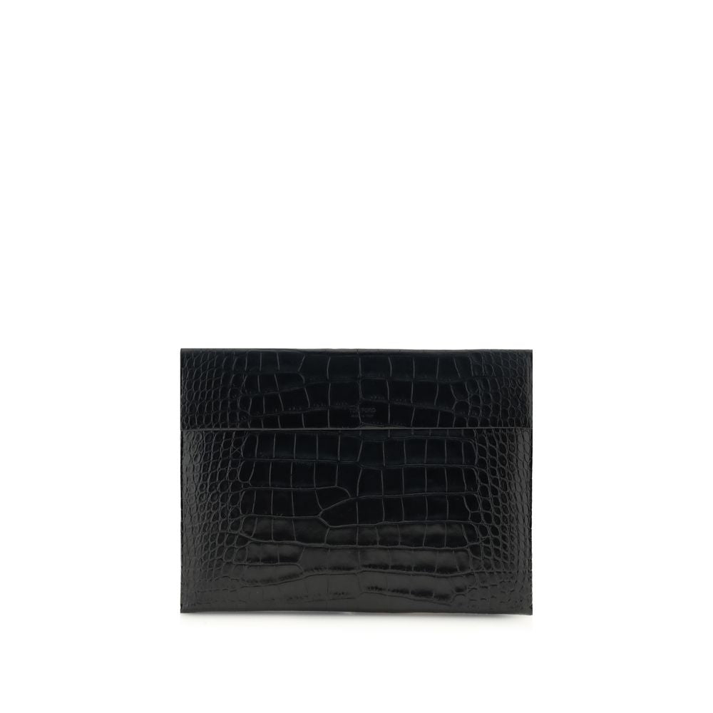 Tom Ford Black Leather Clutch Bag with crocodile print, showcasing sophistication and style, perfect for business documents or laptops.