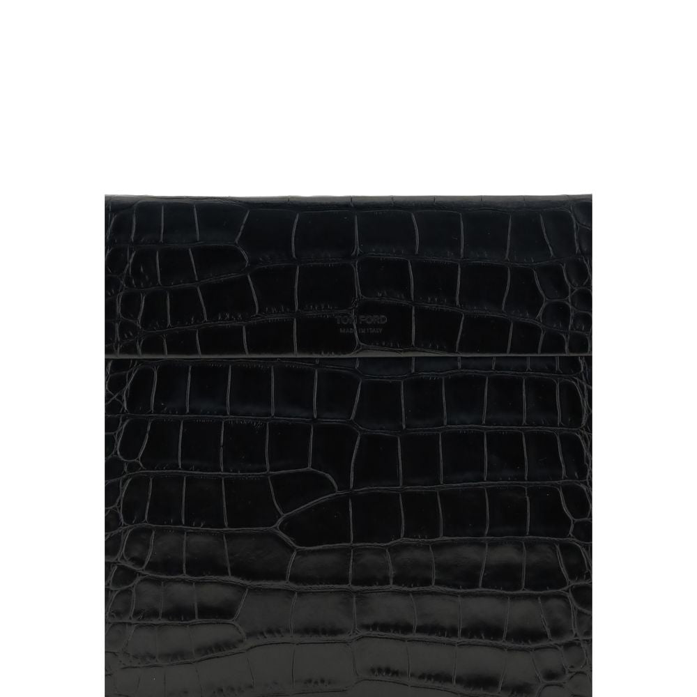 Tom Ford Black Leather Clutch Bag with crocodile print and sleek design.