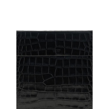Tom Ford Black Leather Clutch Bag with crocodile print and sleek design.