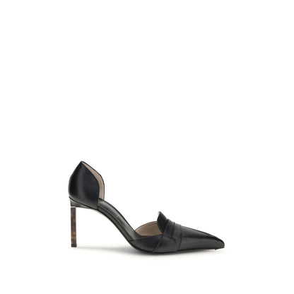 Tom Ford Black Leather High Heel Pumps with a tortoiseshell-effect heel, elegant pointed-toe design, and side cut-out detail.