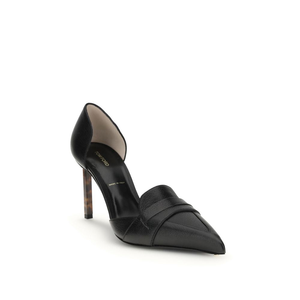Tom Ford Black Leather High Heel Pumps with pointed-toe and tortoiseshell-effect heel, featuring a side cut-out design. AW25 Collection.