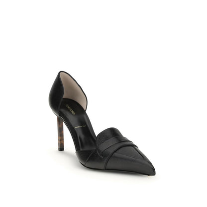 Tom Ford Black Leather High Heel Pumps with pointed-toe and tortoiseshell-effect heel, featuring a side cut-out design. AW25 Collection.