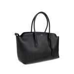 Tom Ford Structured Tote Bag with black smooth finish, dual top handles, elongated shape, and logo plaque, ideal for shopping