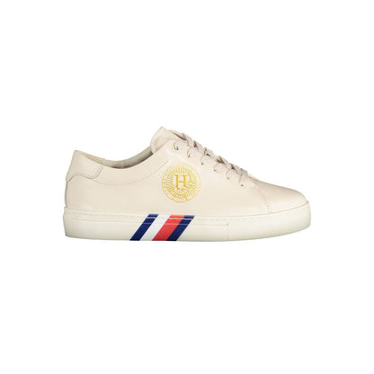 Tommy Hilfiger Beige Leather Women Sneaker with logo and red-blue accents, side view