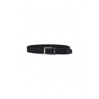 Tommy Hilfiger Black Recycled Polyester Belt with shiny metal buckle, made of 60% recycled polyester and 40% elastane for perfect fit.