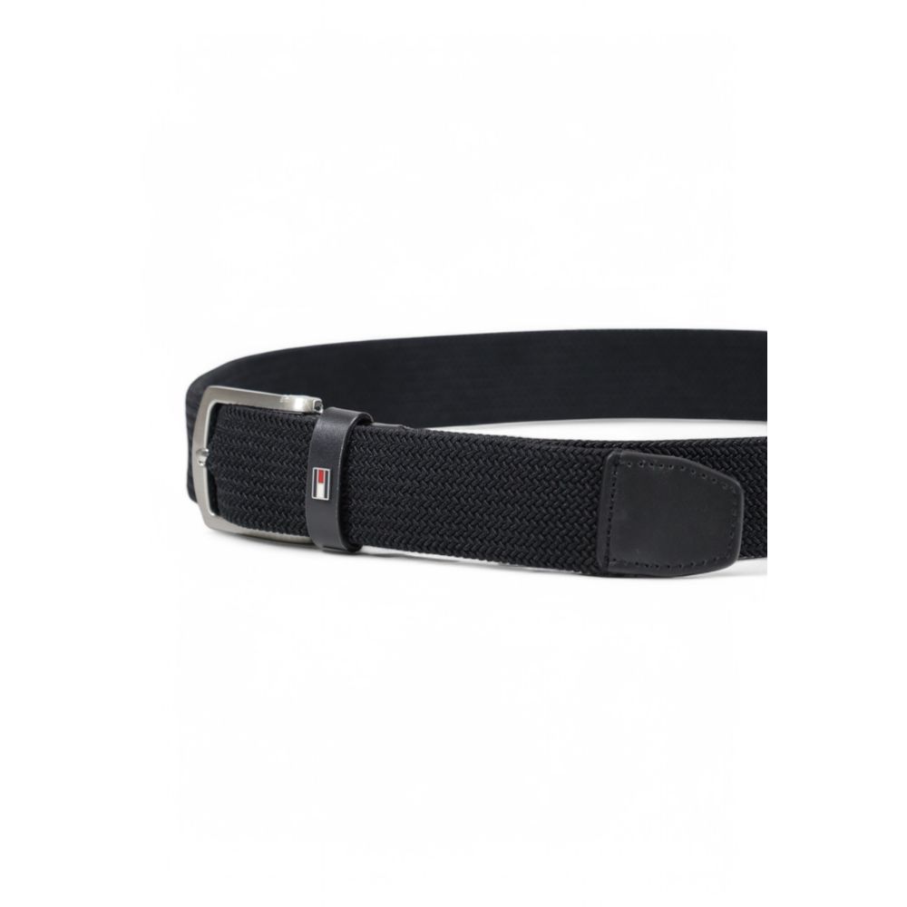 Tommy Hilfiger Black Recycled Polyester Belt with shiny metal buckle, elastic design for a stylish and comfortable fit.