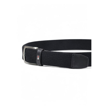 Tommy Hilfiger Black Recycled Polyester Belt with shiny metal buckle, elastic design for a stylish and comfortable fit.