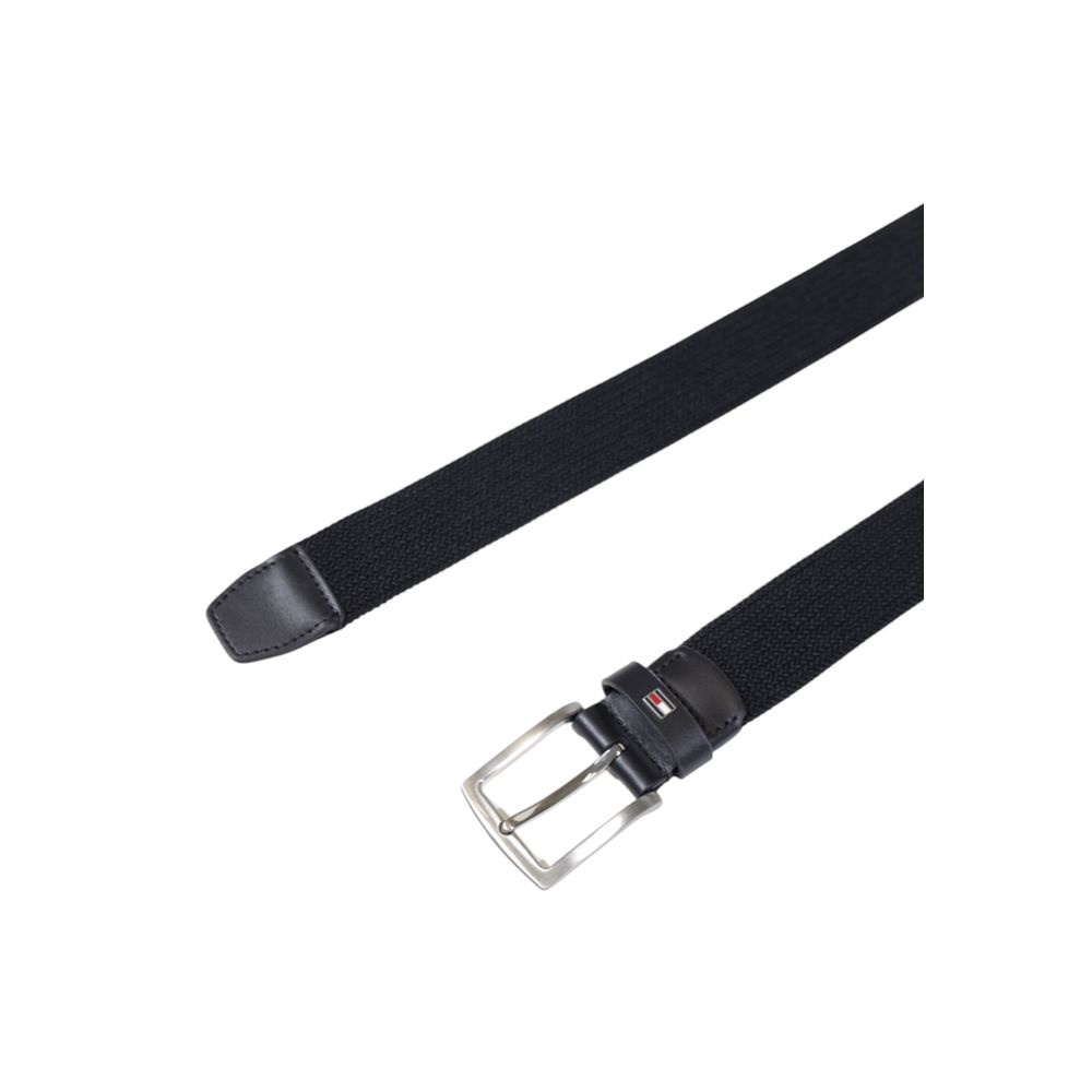 Tommy Hilfiger Black Recycled Polyester Belt with elastic fit and shiny metal buckle, stylish and eco-friendly fashion accessory.