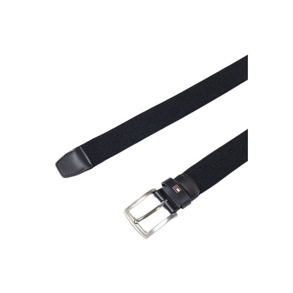 Tommy Hilfiger Black Recycled Polyester Belt with elastic fit and shiny metal buckle, stylish and eco-friendly fashion accessory.