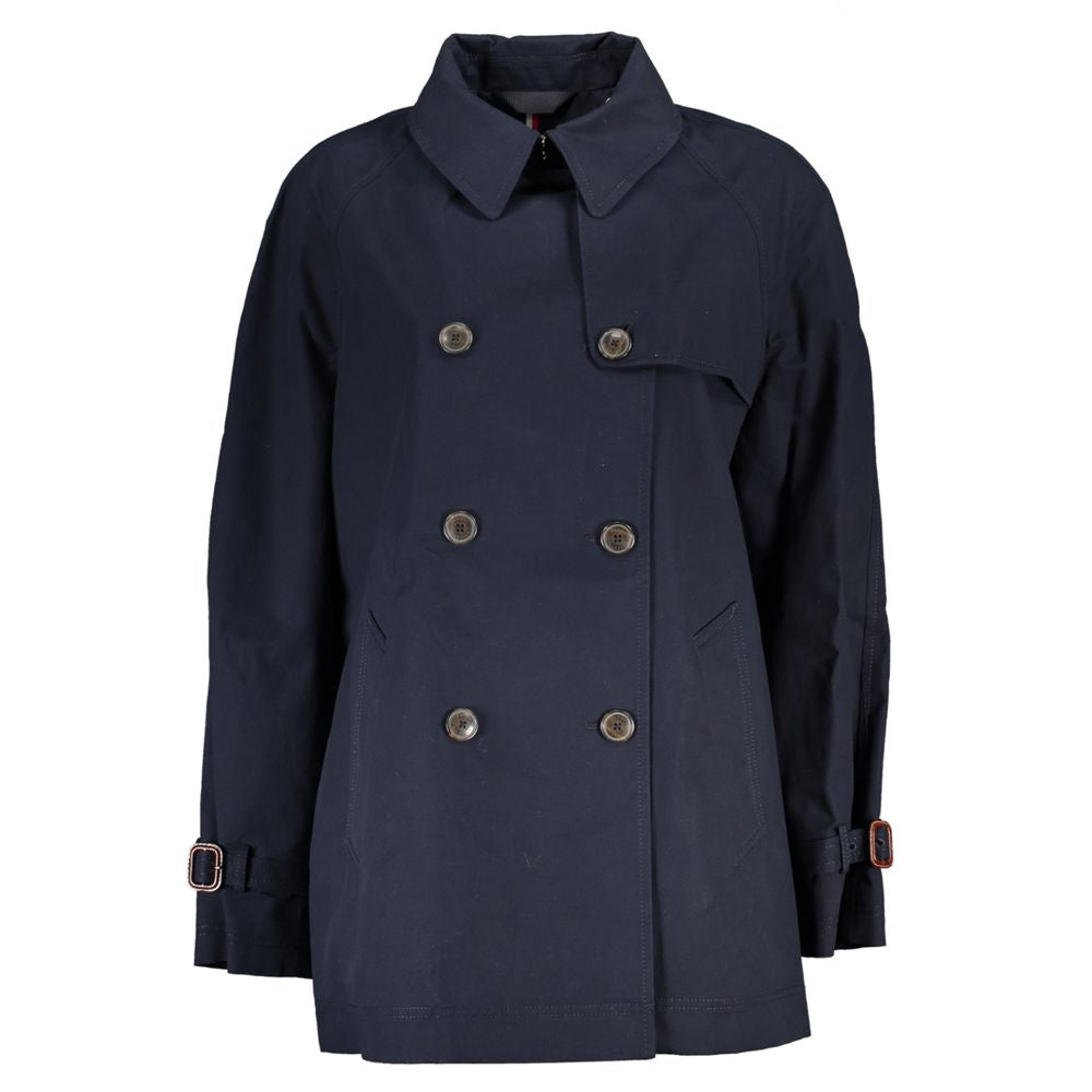 Tommy Hilfiger Blue Cotton Jackets & Coat, long sleeve trench coat with adjustable cuffs and pockets, featuring brand logo